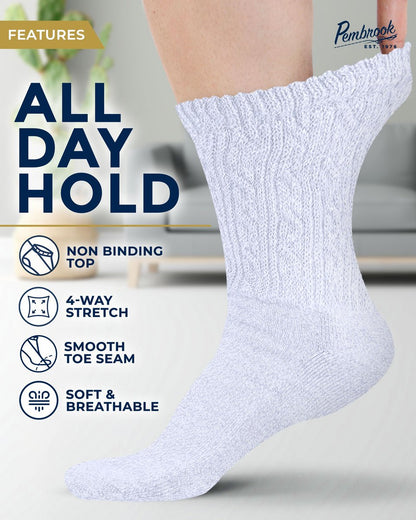 Pembrook Diabetikersocken Damen Größe 9-11, Nicht einschnürende Socken für geschwollene Füße, Diabetiker-Crew-Socken für Damen & Herren, Bambusviskose-Komfortsocken, Weiß 6 Paar