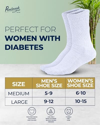 Pembrook Diabetikersocken Damen Größe 9-11, Nicht einschnürende Socken für geschwollene Füße, Diabetiker-Crew-Socken für Damen & Herren, Bambusviskose-Komfortsocken, Weiß 6 Paar