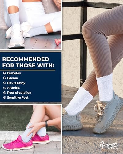 Pembrook Diabetikersocken Damen Größe 9-11, Nicht einschnürende Socken für geschwollene Füße, Diabetiker-Crew-Socken für Damen & Herren, Bambusviskose-Komfortsocken, Weiß 6 Paar