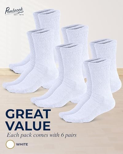 Pembrook Diabetikersocken Damen Größe 9-11, Nicht einschnürende Socken für geschwollene Füße, Diabetiker-Crew-Socken für Damen & Herren, Bambusviskose-Komfortsocken, Weiß 6 Paar