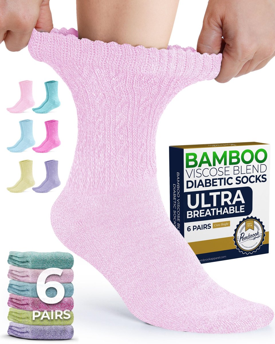 Pembrook Diabetiker Socken für Damen Größe 9-11, Weiche Diabetiker Socken für Frauen & Männer, Nicht einschnürende Socken für geschwollene Füße, Socken für Diabetikerinnen, Bambusviskose Komfortsocken, Pastellfarben 6 Paar