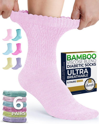 Pembrook Diabetiker Socken für Damen Größe 9-11, Weiche Diabetiker Socken für Frauen & Männer, Nicht einschnürende Socken für geschwollene Füße, Socken für Diabetikerinnen, Bambusviskose Komfortsocken, Pastellfarben 6 Paar