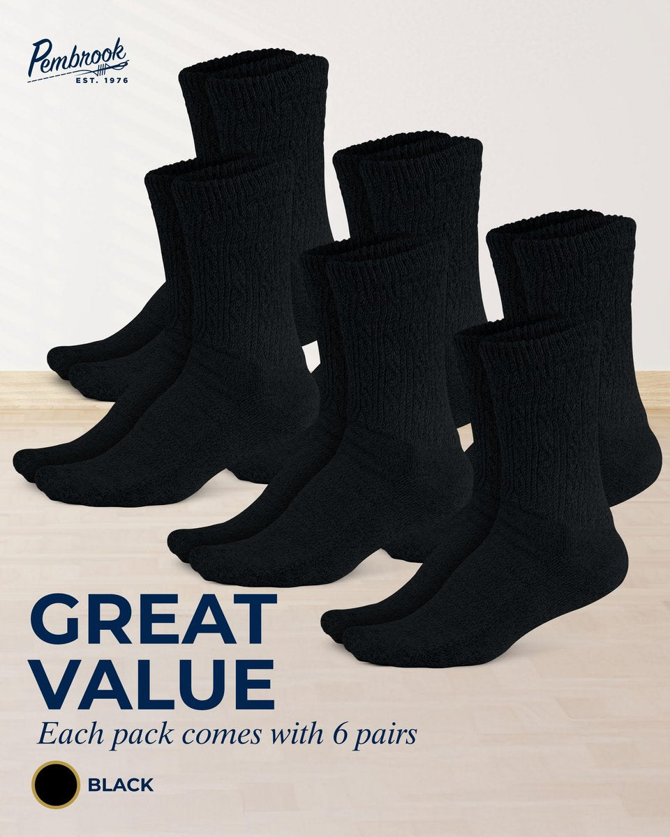 Pembrook Diabetikersocken für Damen & Herren, Größe 9-11, Nicht einschnürende Socken für geschwollene Füße, Bambus-Viskose-Feuchtigkeitsableitende Socken, Schwarz, 6 Paar