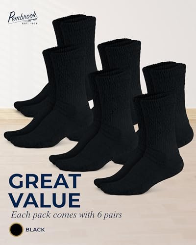 Pembrook Diabetikersocken für Damen & Herren, Größe 9-11, Nicht einschnürende Socken für geschwollene Füße, Bambus-Viskose-Feuchtigkeitsableitende Socken, Schwarz, 6 Paar