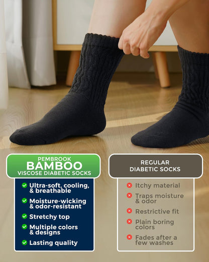 Pembrook Diabetikersocken für Damen & Herren, Größe 9-11, Nicht einschnürende Socken für geschwollene Füße, Bambus-Viskose-Feuchtigkeitsableitende Socken, Schwarz, 6 Paar