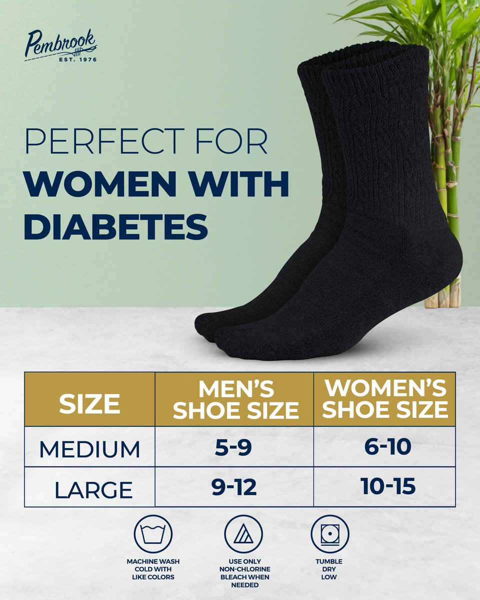 Pembrook Diabetikersocken für Damen & Herren, Größe 9-11, Nicht einschnürende Socken für geschwollene Füße, Bambus-Viskose-Feuchtigkeitsableitende Socken, Schwarz, 6 Paar
