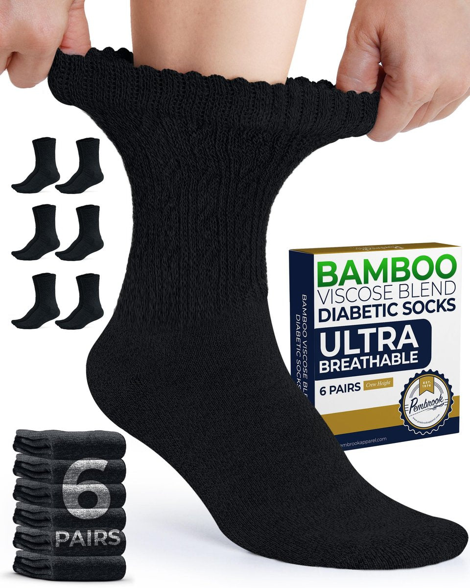 Pembrook Diabetikersocken für Damen & Herren, Größe 9-11, Nicht einschnürende Socken für geschwollene Füße, Bambus-Viskose-Feuchtigkeitsableitende Socken, Schwarz, 6 Paar