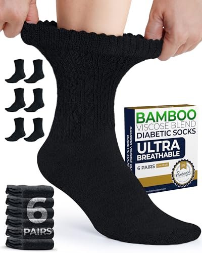 Pembrook Diabetikersocken für Damen & Herren, Größe 9-11, Nicht einschnürende Socken für geschwollene Füße, Bambus-Viskose-Feuchtigkeitsableitende Socken, Schwarz, 6 Paar