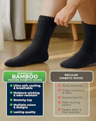 Pembrook Diabetikersocken für Damen & Herren, Größe 9-11, Nicht einschnürende Socken für geschwollene Füße, Bambus-Viskose-Feuchtigkeitsableitende Socken, Schwarz, 6 Paar