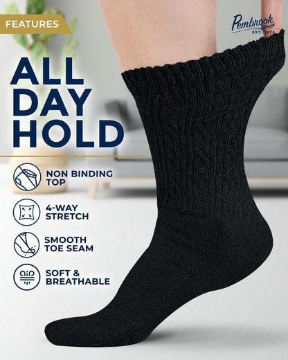 Pembrook Diabetikersocken für Damen & Herren, Größe 9-11, Nicht einschnürende Socken für geschwollene Füße, Bambus-Viskose-Feuchtigkeitsableitende Socken, Schwarz, 6 Paar