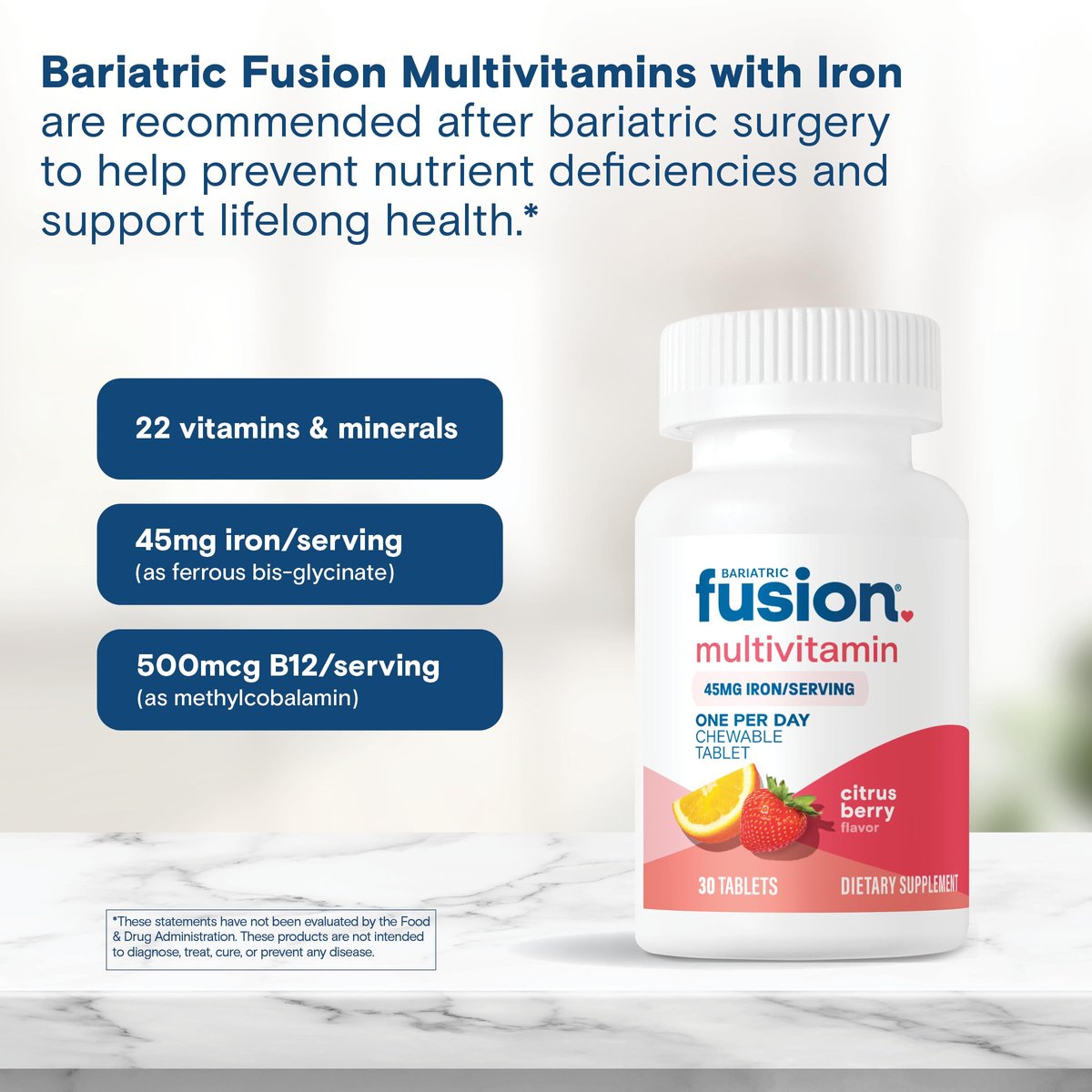 Bariatric Fusion One Per Day Bariatrisches Multivitamin mit Eisen Kautabletten | Zitrusbeer-Geschmack | Vitamine für Magenbypass und Schlauchmagen | Nicht-GVO | 30 Stück