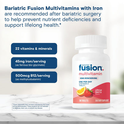 Bariatric Fusion One Per Day Bariatrisches Multivitamin mit Eisen Kautabletten | Zitrusbeer-Geschmack | Vitamine für Magenbypass und Schlauchmagen | Nicht-GVO | 30 Stück