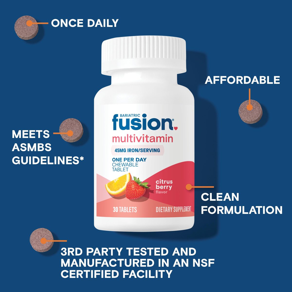 Bariatric Fusion One Per Day Bariatrisches Multivitamin mit Eisen Kautabletten | Zitrusbeer-Geschmack | Vitamine für Magenbypass und Schlauchmagen | Nicht-GVO | 30 Stück