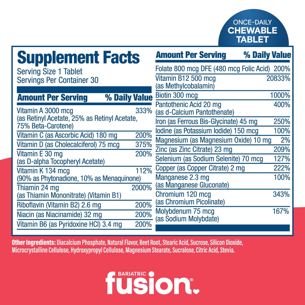 Bariatric Fusion One Per Day Bariatrisches Multivitamin mit Eisen Kautabletten | Zitrusbeer-Geschmack | Vitamine für Magenbypass und Schlauchmagen | Nicht-GVO | 30 Stück