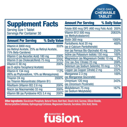Bariatric Fusion One Per Day Bariatrisches Multivitamin mit Eisen Kautabletten | Zitrusbeer-Geschmack | Vitamine für Magenbypass und Schlauchmagen | Nicht-GVO | 30 Stück