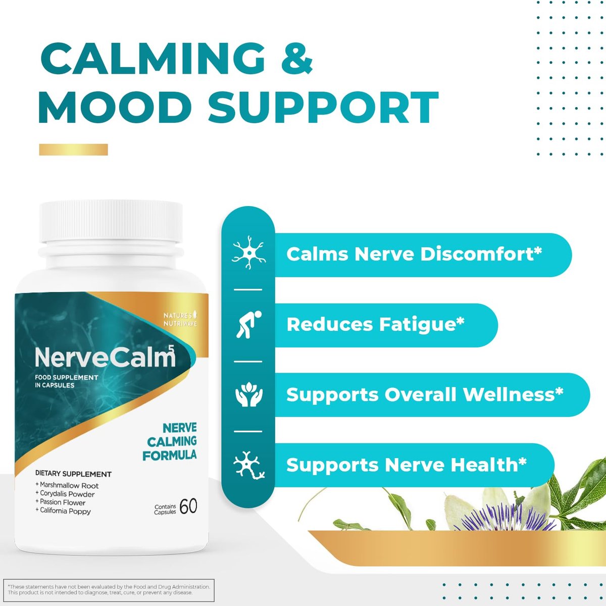 NerveCalm – Natürliches Beruhigungsmittel | Pflanzliche Mischung mit Passionsblume, Feigenkaktus & Kalifornischem Mohn | Vegane Kapseln, Nicht-GVO, 1-Monats-Vorrat | Hergestellt in den USA