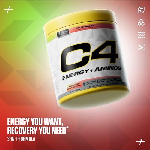 Cellucor C4 Energy + Aminos Pulver – 5g BCAAs & EAAs für Muskelregeneration, 3 Elektrolyte für Hydration, 100mg natürliches Koffein, Pre-Workout, Zuckerfrei, 30 Portionen, Wassermelone