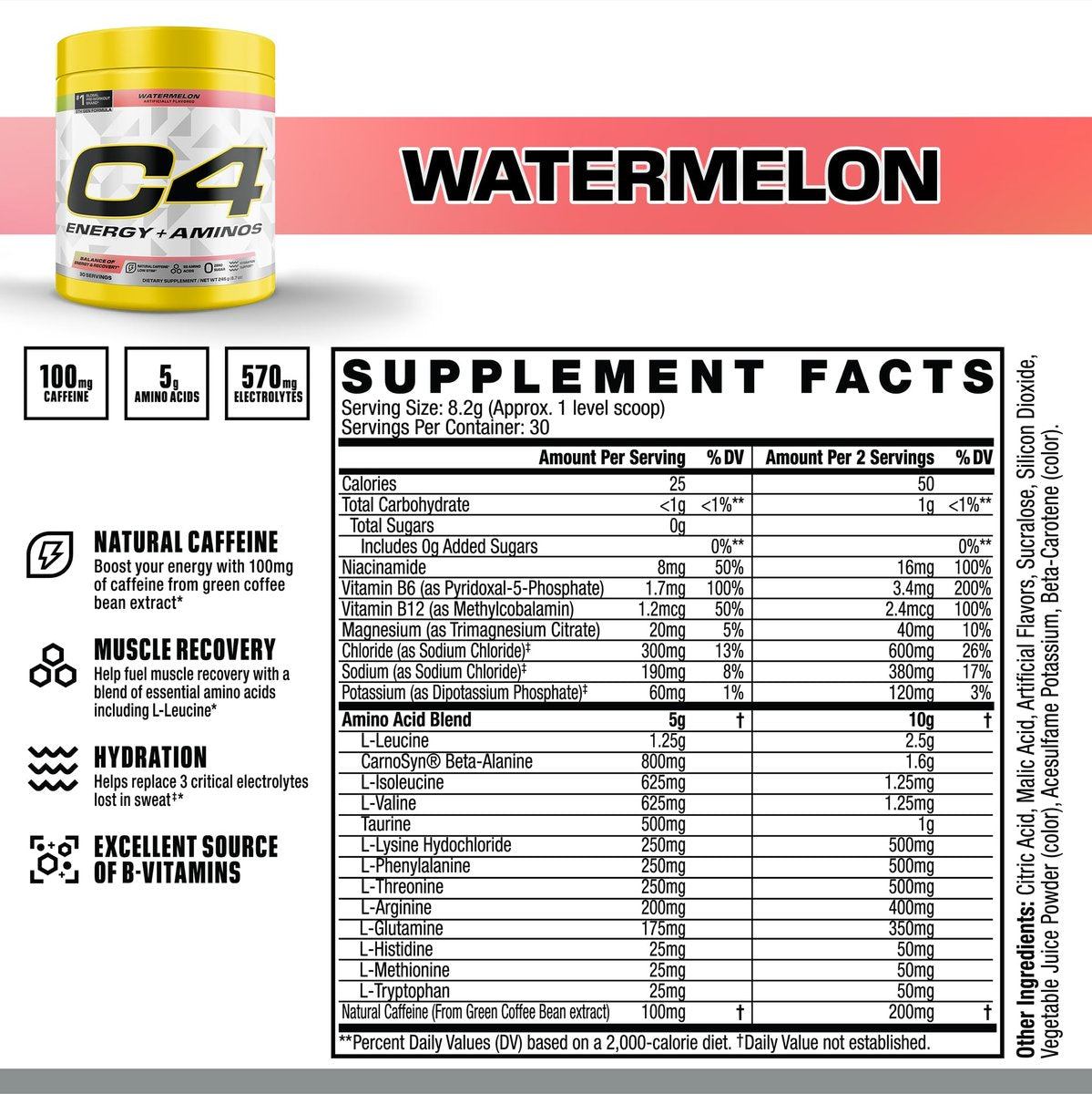 Cellucor C4 Energy + Aminos Pulver – 5g BCAAs & EAAs für Muskelregeneration, 3 Elektrolyte für Hydration, 100mg natürliches Koffein, Pre-Workout, Zuckerfrei, 30 Portionen, Wassermelone