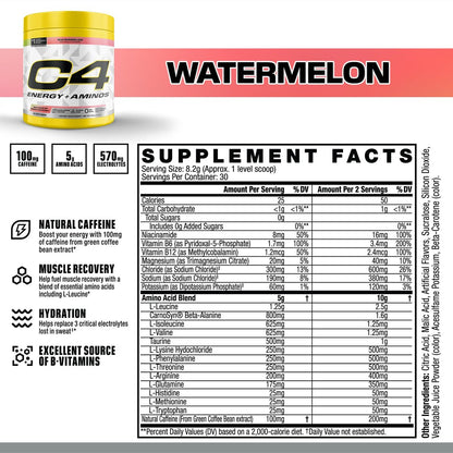 Cellucor C4 Energy + Aminos Pulver – 5g BCAAs & EAAs für Muskelregeneration, 3 Elektrolyte für Hydration, 100mg natürliches Koffein, Pre-Workout, Zuckerfrei, 30 Portionen, Wassermelone