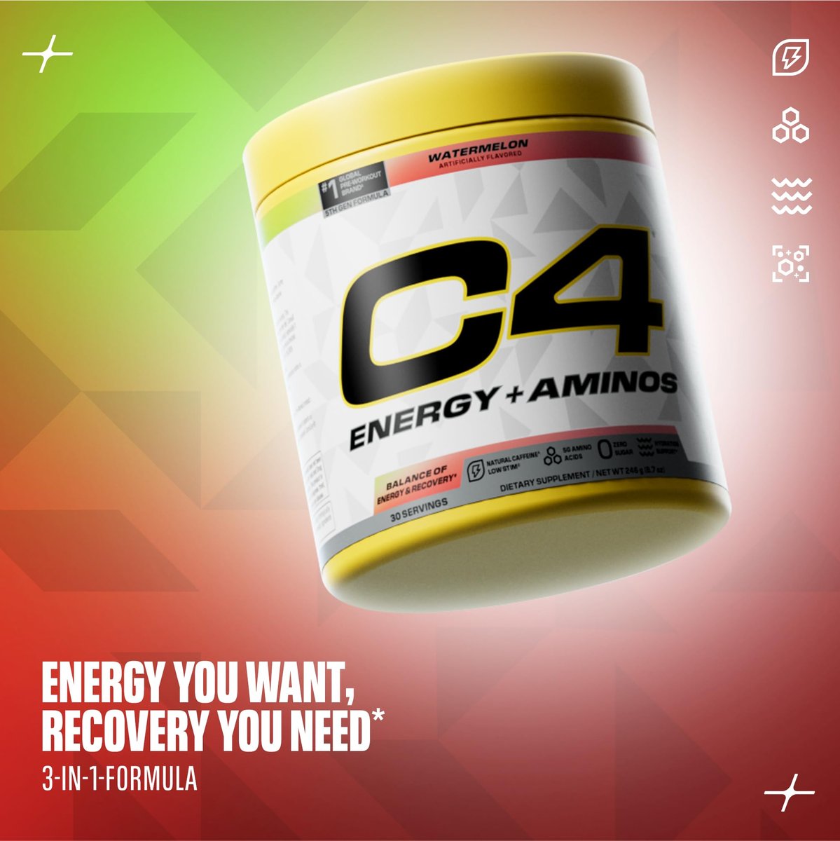 Cellucor C4 Energy + Aminos Pulver – 5g BCAAs & EAAs für Muskelregeneration, 3 Elektrolyte für Hydration, 100mg natürliches Koffein, Pre-Workout, Zuckerfrei, 30 Portionen, Wassermelone