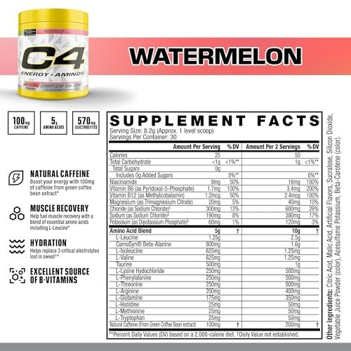 Cellucor C4 Energy + Aminos Pulver – 5g BCAAs & EAAs für Muskelregeneration, 3 Elektrolyte für Hydration, 100mg natürliches Koffein, Pre-Workout, Zuckerfrei, 30 Portionen, Wassermelone