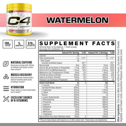 Cellucor C4 Energy + Aminos Pulver – 5g BCAAs & EAAs für Muskelregeneration, 3 Elektrolyte für Hydration, 100mg natürliches Koffein, Pre-Workout, Zuckerfrei, 30 Portionen, Wassermelone