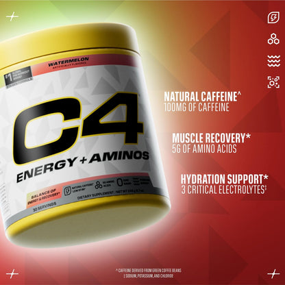 Cellucor C4 Energy + Aminos Pulver – 5g BCAAs & EAAs für Muskelregeneration, 3 Elektrolyte für Hydration, 100mg natürliches Koffein, Pre-Workout, Zuckerfrei, 30 Portionen, Wassermelone