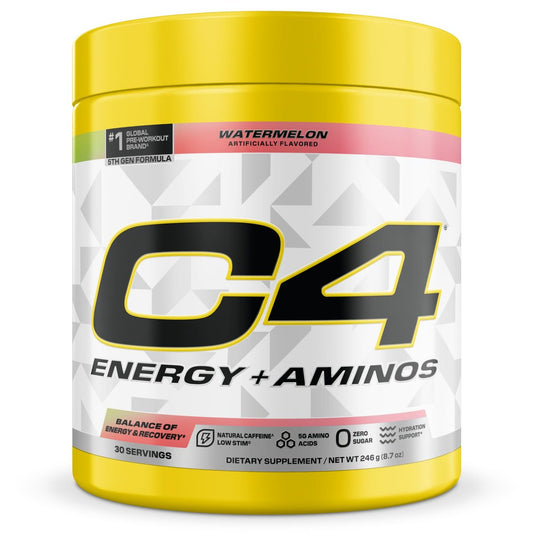 Cellucor C4 Energy + Aminos Pulver – 5g BCAAs & EAAs für Muskelregeneration, 3 Elektrolyte für Hydration, 100mg natürliches Koffein, Pre-Workout, Zuckerfrei, 30 Portionen, Wassermelone