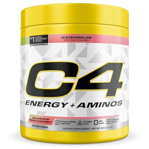 Cellucor C4 Energy + Aminos Pulver – 5g BCAAs & EAAs für Muskelregeneration, 3 Elektrolyte für Hydration, 100mg natürliches Koffein, Pre-Workout, Zuckerfrei, 30 Portionen, Wassermelone