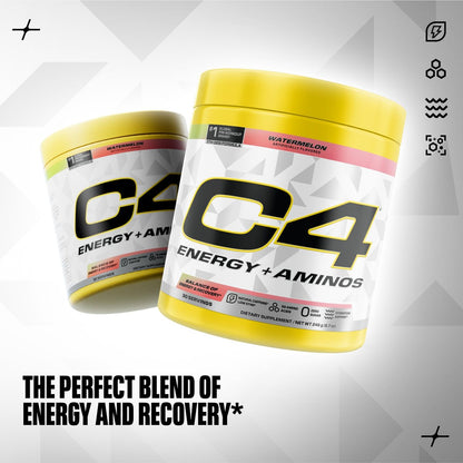 Cellucor C4 Energy + Aminos Pulver – 5g BCAAs & EAAs für Muskelregeneration, 3 Elektrolyte für Hydration, 100mg natürliches Koffein, Pre-Workout, Zuckerfrei, 30 Portionen, Wassermelone