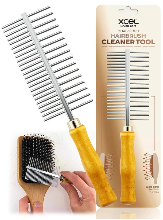 XCEL 2-in-1 Bürstenreiniger – Doppelseitiger Kamm für Paddle-, Wildschweinborsten- und Entwirrungsbürsten, entfernt Haare und Staub – für Zuhause und Salon (Beige, 8-10 Zoll, Bambus)