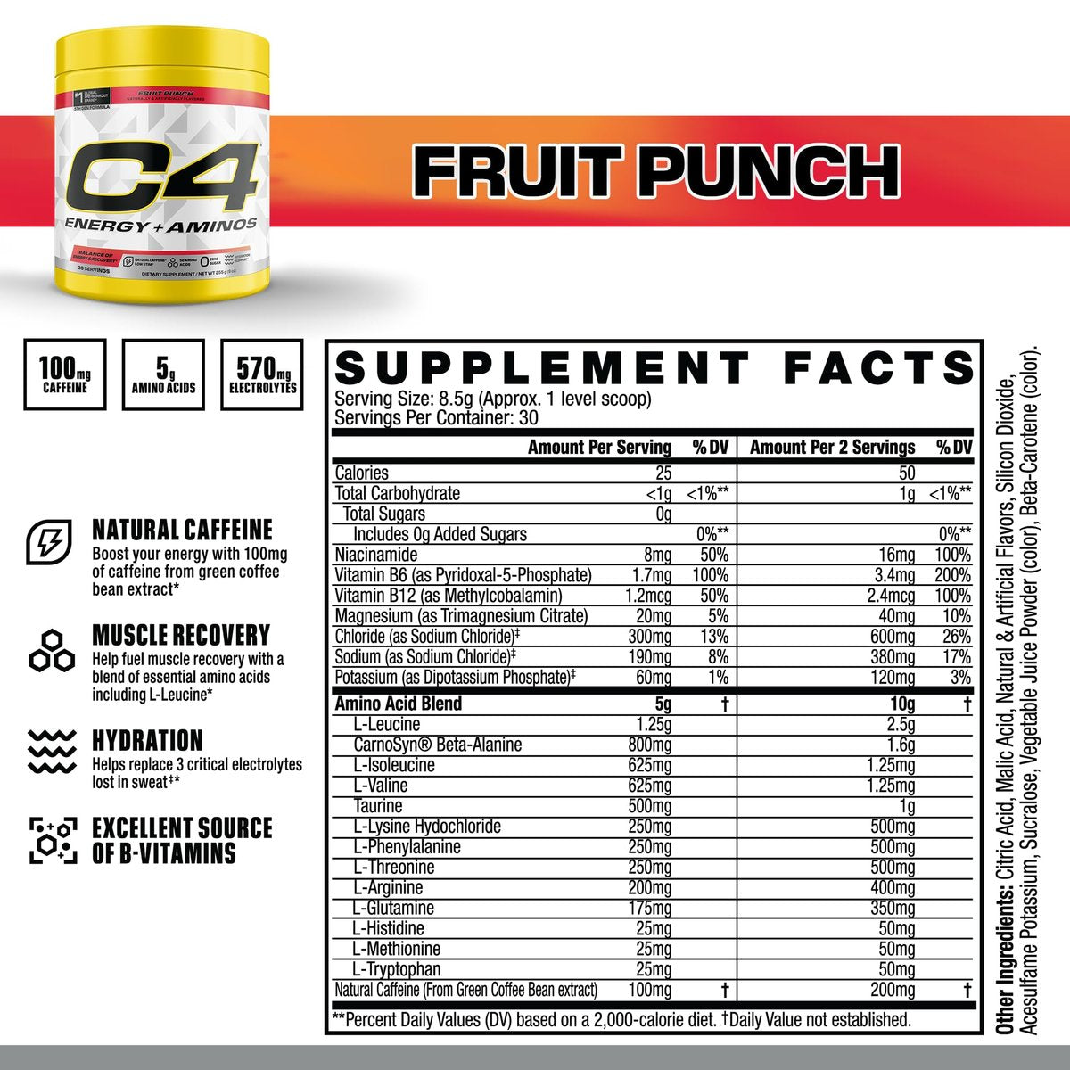C4 Energy + Aminos Pulver, 5g BCAAs & EAAs für die Muskelregeneration, 3 Elektrolyte für die Hydration, 100 mg natürliches Koffein, Pre-Workout, Zuckerfrei, 30 Portionen, Fruchtpunsch