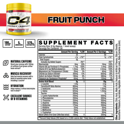 C4 Energy + Aminos Pulver, 5g BCAAs & EAAs für die Muskelregeneration, 3 Elektrolyte für die Hydration, 100 mg natürliches Koffein, Pre-Workout, Zuckerfrei, 30 Portionen, Fruchtpunsch