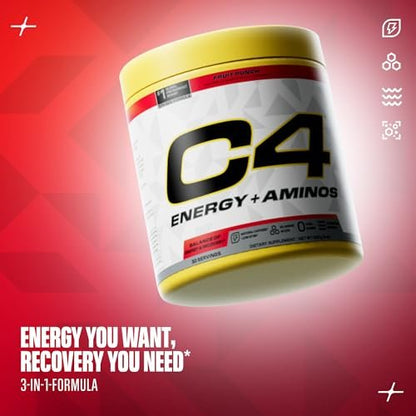 C4 Energy + Aminos Pulver, 5g BCAAs & EAAs für die Muskelregeneration, 3 Elektrolyte für die Hydration, 100 mg natürliches Koffein, Pre-Workout, Zuckerfrei, 30 Portionen, Fruchtpunsch