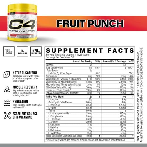 C4 Energy + Aminos Pulver, 5g BCAAs & EAAs für die Muskelregeneration, 3 Elektrolyte für die Hydration, 100 mg natürliches Koffein, Pre-Workout, Zuckerfrei, 30 Portionen, Fruchtpunsch