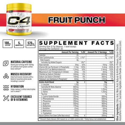 C4 Energy + Aminos Pulver, 5g BCAAs & EAAs für die Muskelregeneration, 3 Elektrolyte für die Hydration, 100 mg natürliches Koffein, Pre-Workout, Zuckerfrei, 30 Portionen, Fruchtpunsch