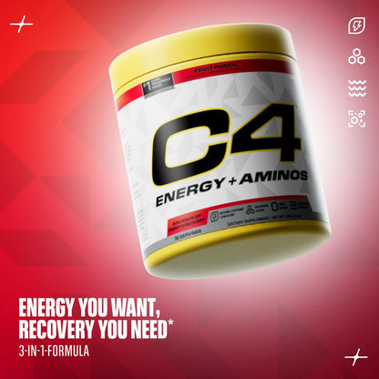 C4 Energy + Aminos Pulver, 5g BCAAs & EAAs für die Muskelregeneration, 3 Elektrolyte für die Hydration, 100 mg natürliches Koffein, Pre-Workout, Zuckerfrei, 30 Portionen, Fruchtpunsch
