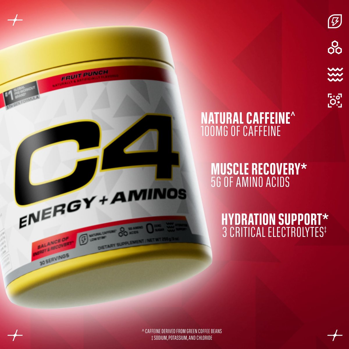 C4 Energy + Aminos Pulver, 5g BCAAs & EAAs für die Muskelregeneration, 3 Elektrolyte für die Hydration, 100 mg natürliches Koffein, Pre-Workout, Zuckerfrei, 30 Portionen, Fruchtpunsch