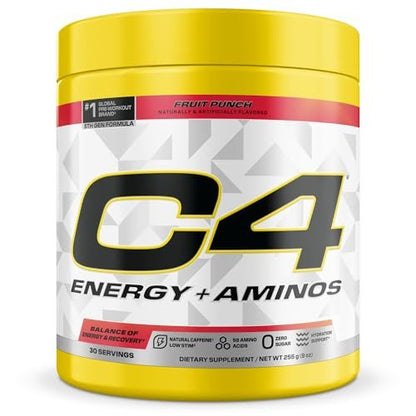 C4 Energy + Aminos Pulver, 5g BCAAs & EAAs für die Muskelregeneration, 3 Elektrolyte für die Hydration, 100 mg natürliches Koffein, Pre-Workout, Zuckerfrei, 30 Portionen, Fruchtpunsch