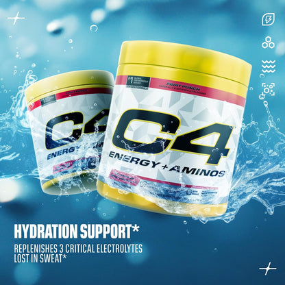 C4 Energy + Aminos Pulver, 5g BCAAs & EAAs für die Muskelregeneration, 3 Elektrolyte für die Hydration, 100 mg natürliches Koffein, Pre-Workout, Zuckerfrei, 30 Portionen, Fruchtpunsch