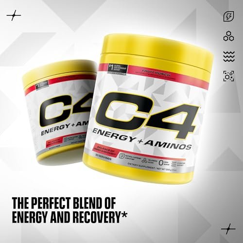 C4 Energy + Aminos Pulver, 5g BCAAs & EAAs für die Muskelregeneration, 3 Elektrolyte für die Hydration, 100 mg natürliches Koffein, Pre-Workout, Zuckerfrei, 30 Portionen, Fruchtpunsch