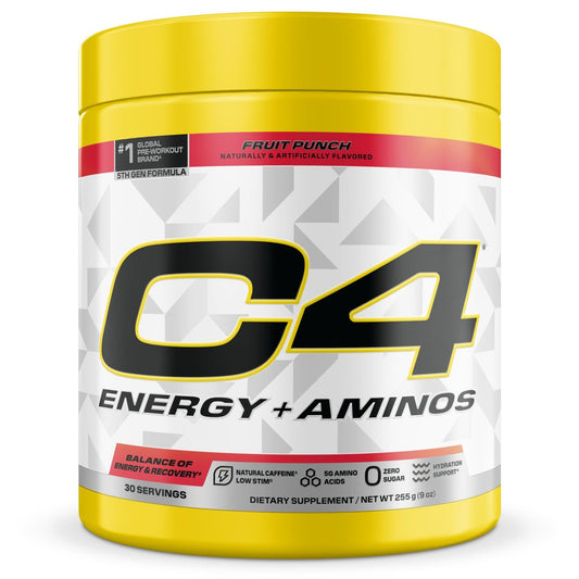 C4 Energy + Aminos Pulver, 5g BCAAs & EAAs für die Muskelregeneration, 3 Elektrolyte für die Hydration, 100 mg natürliches Koffein, Pre-Workout, Zuckerfrei, 30 Portionen, Fruchtpunsch