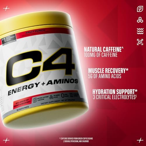 C4 Energy + Aminos Pulver, 5g BCAAs & EAAs für die Muskelregeneration, 3 Elektrolyte für die Hydration, 100 mg natürliches Koffein, Pre-Workout, Zuckerfrei, 30 Portionen, Fruchtpunsch
