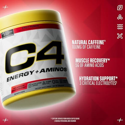 C4 Energy + Aminos Pulver, 5g BCAAs & EAAs für die Muskelregeneration, 3 Elektrolyte für die Hydration, 100 mg natürliches Koffein, Pre-Workout, Zuckerfrei, 30 Portionen, Fruchtpunsch