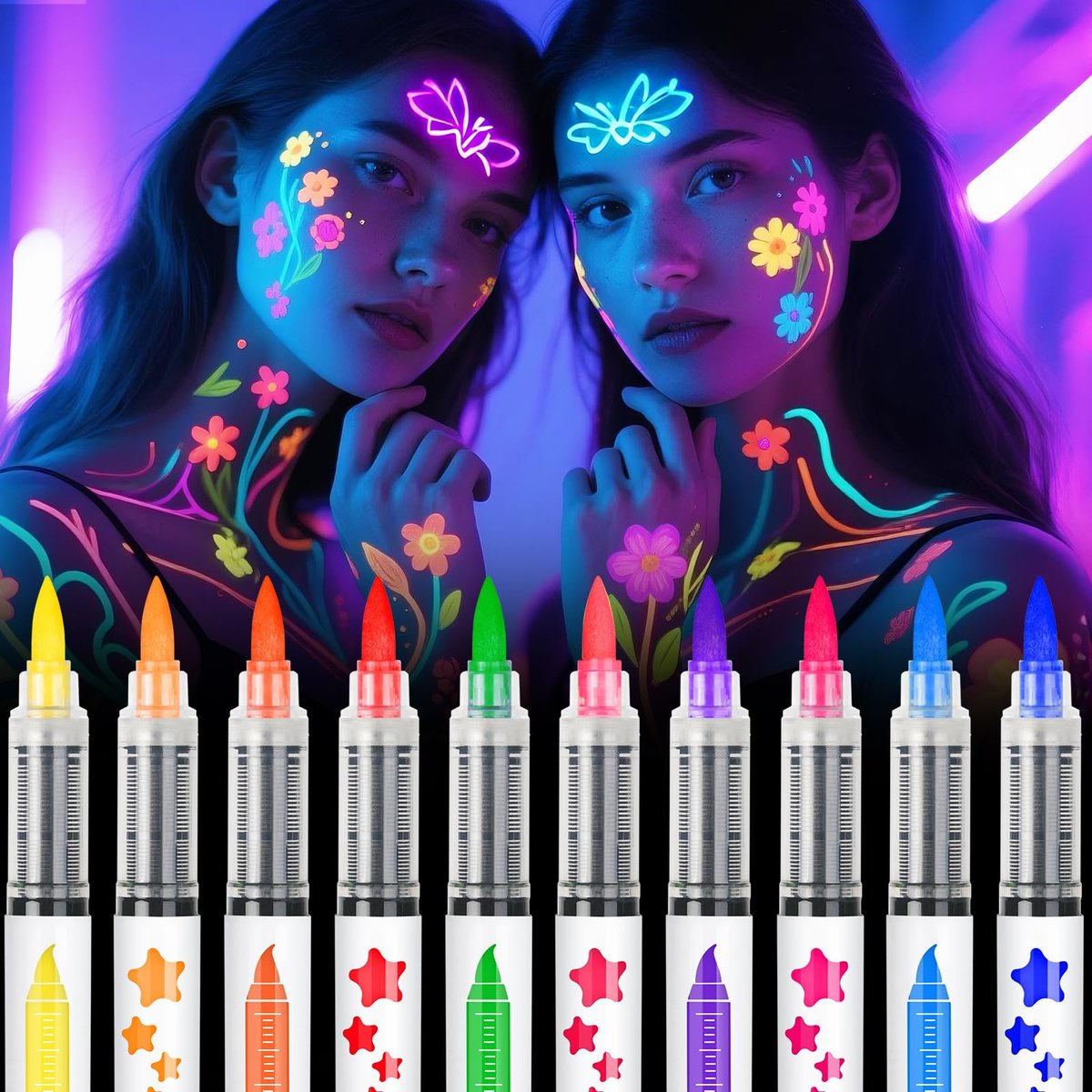 nsxsu Leuchtende Gesichtsfarbstifte 10 Farben, Neon Body Paint Marker für Haut, UV-temporäre Tattoos für Geburtstagsfeiern, Pride, 4. Juli Zubehör