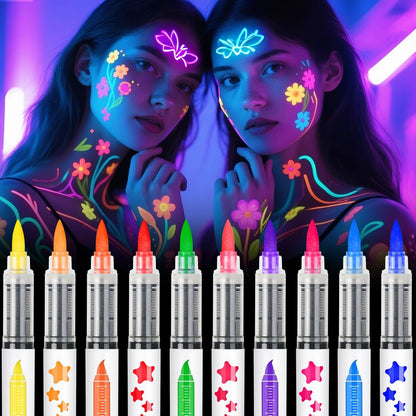 nsxsu Leuchtende Gesichtsfarbstifte 10 Farben, Neon Body Paint Marker für Haut, UV-temporäre Tattoos für Geburtstagsfeiern, Pride, 4. Juli Zubehör