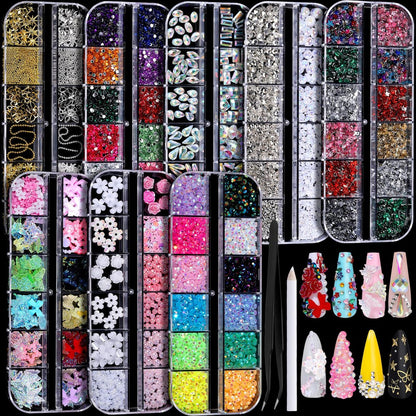 FANDAMEI Nagelsteine Set – 8 Boxen bunte Rhinestones, 3D-Charms, flache Rückseite, Y2K Nagelkunst, Perlen und Juwelen für Nägel und Basteln
