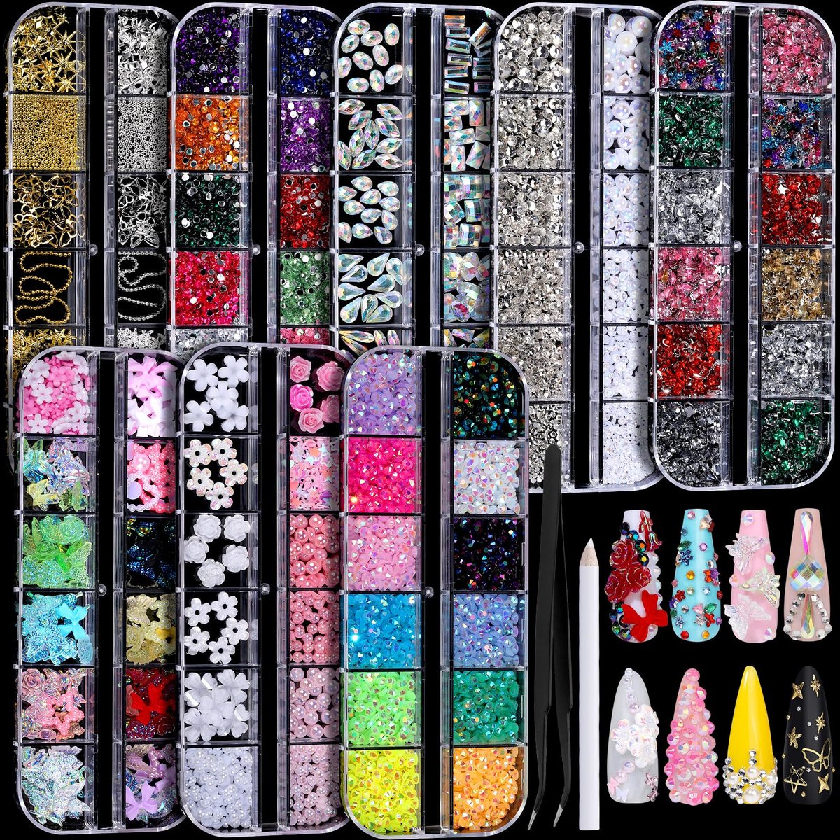 FANDAMEI Nagelsteine Set – 8 Boxen bunte Rhinestones, 3D-Charms, flache Rückseite, Y2K Nagelkunst, Perlen und Juwelen für Nägel und Basteln
