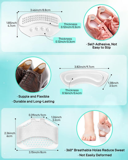 Snqqmtt 10 Stück High Heel Komfort-Pad-Einlagen, Silikon Schuhpolster, Fersengriffe, Metatarsal Pads für zu große Damenschuhe, verhindern Reibung und Blasen, selbstklebend, klar