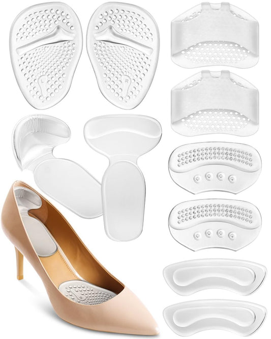 Snqqmtt 10 Stück High Heel Komfort-Pad-Einlagen, Silikon Schuhpolster, Fersengriffe, Metatarsal Pads für zu große Damenschuhe, verhindern Reibung und Blasen, selbstklebend, klar